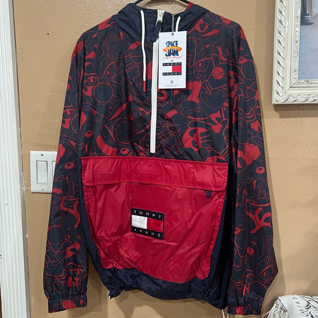 Tommy Hilfiger X Space Jam Zip Up Windbreaker Jacket Red Blue Medium Rain Coat